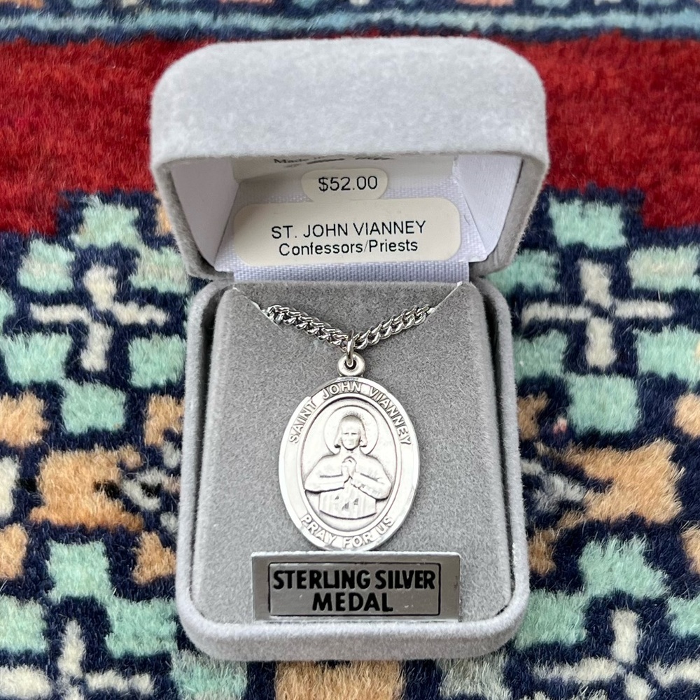St. John Vianney Sterling Silver Large Oval Religious Medal Necklace 24” Chain